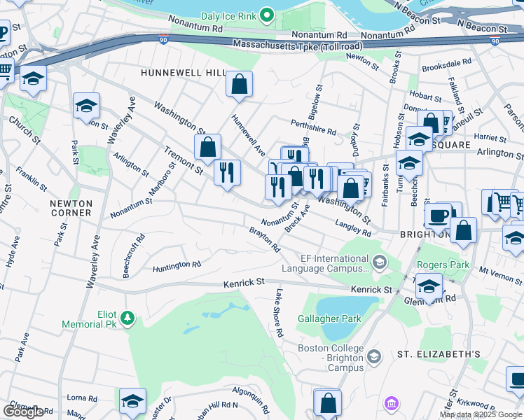 map of restaurants, bars, coffee shops, grocery stores, and more near 73 A Nonantum Street in Boston