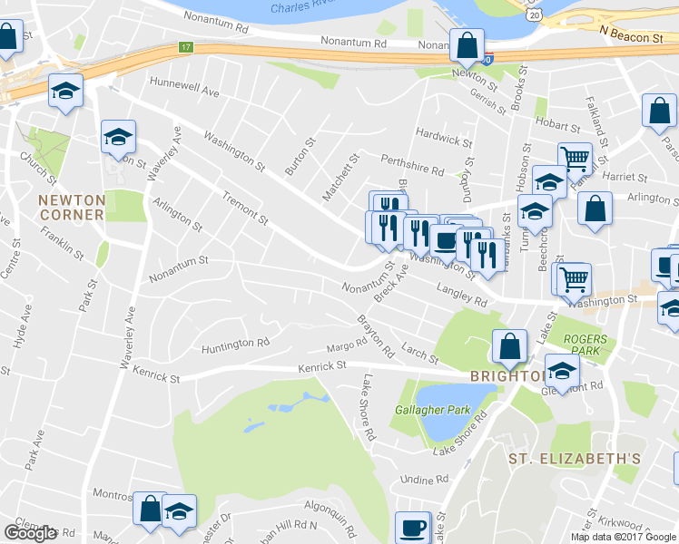 map of restaurants, bars, coffee shops, grocery stores, and more near 73 A Nonantum Street in Boston