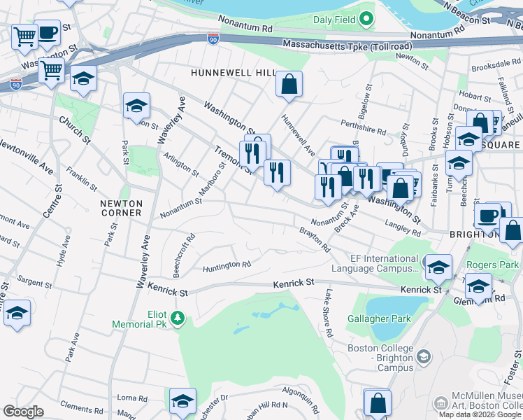 map of restaurants, bars, coffee shops, grocery stores, and more near 149 Brayton Road in Boston