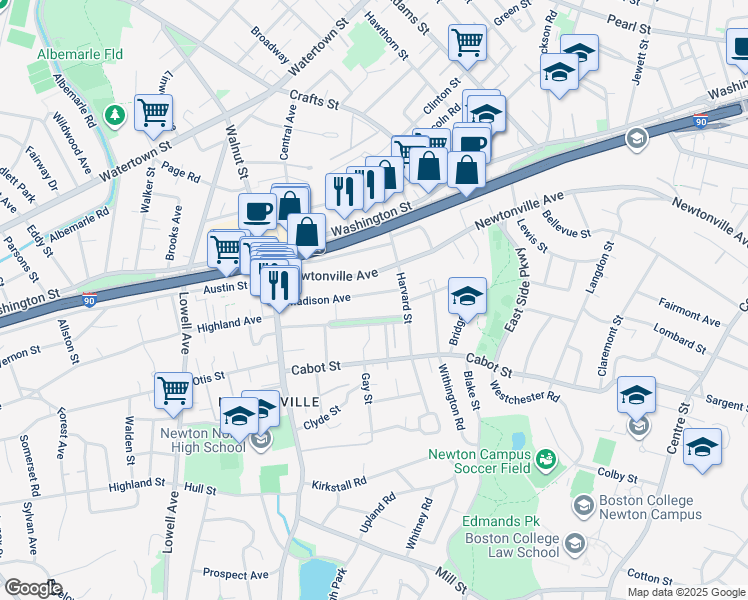 map of restaurants, bars, coffee shops, grocery stores, and more near 15 Washington Park in Newton