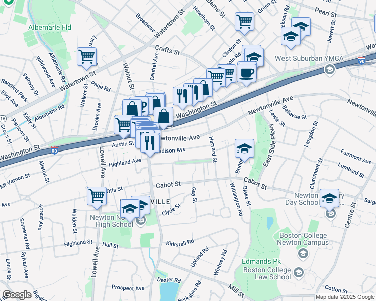 map of restaurants, bars, coffee shops, grocery stores, and more near 47 Washington Park in Newton