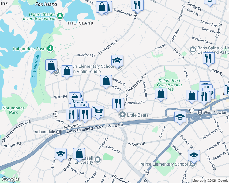 map of restaurants, bars, coffee shops, grocery stores, and more near 256 Auburndale Avenue in Newton