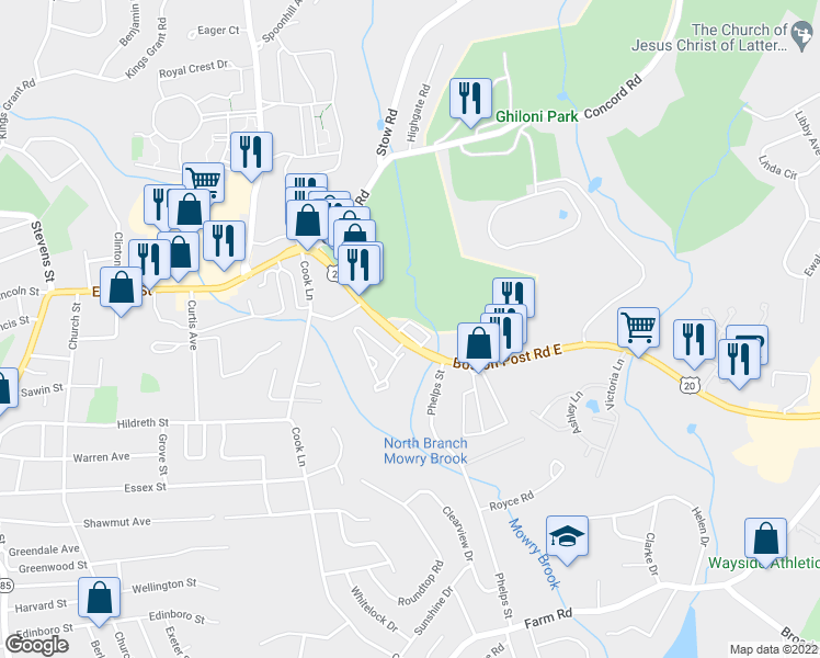 map of restaurants, bars, coffee shops, grocery stores, and more near 2 Farmhouse Lane in Marlborough