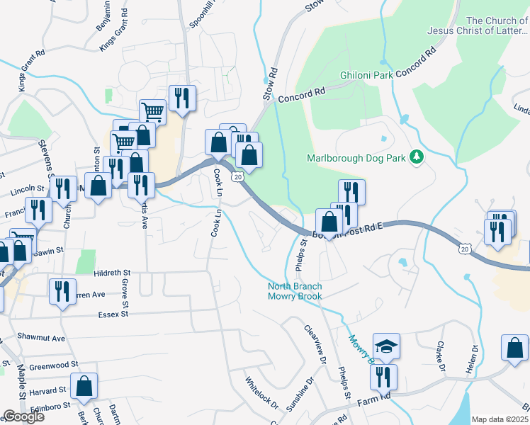map of restaurants, bars, coffee shops, grocery stores, and more near 2 Farmhouse Lane in Marlborough