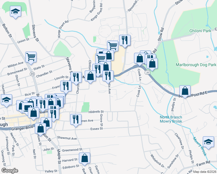 map of restaurants, bars, coffee shops, grocery stores, and more near 44 Curtis Avenue in Marlborough
