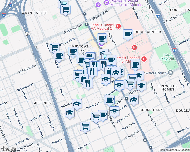 map of restaurants, bars, coffee shops, grocery stores, and more near in Detroit
