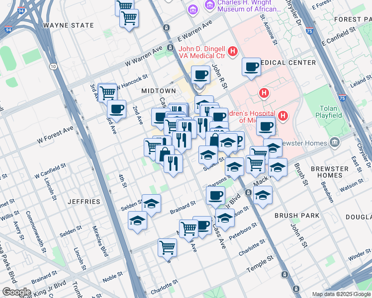 map of restaurants, bars, coffee shops, grocery stores, and more near in Detroit