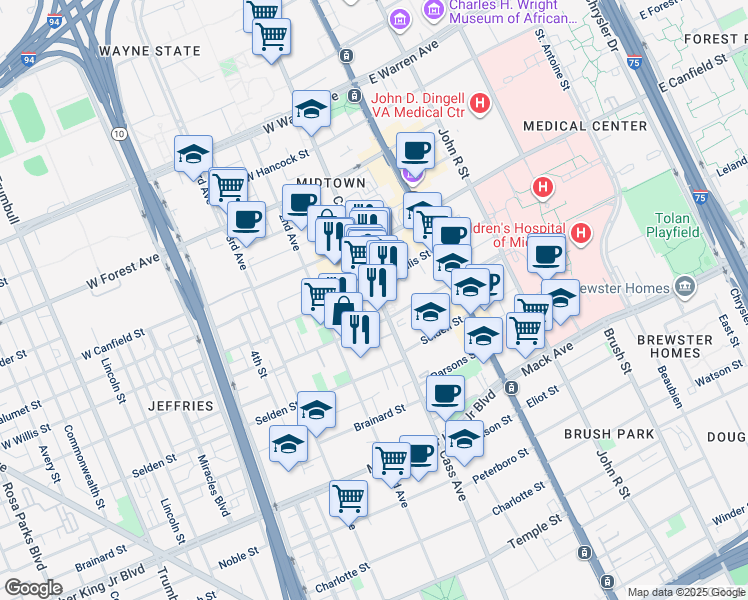 map of restaurants, bars, coffee shops, grocery stores, and more near 434 West Alexandrine Street in Detroit
