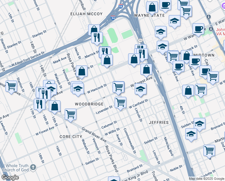 map of restaurants, bars, coffee shops, grocery stores, and more near 4707 Commonwealth Street in Detroit