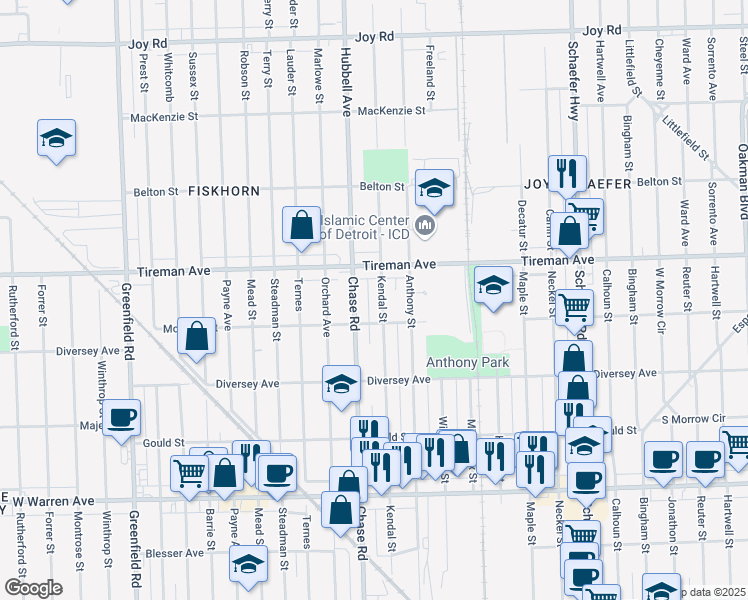 map of restaurants, bars, coffee shops, grocery stores, and more near 7808 Kendal Street in Dearborn