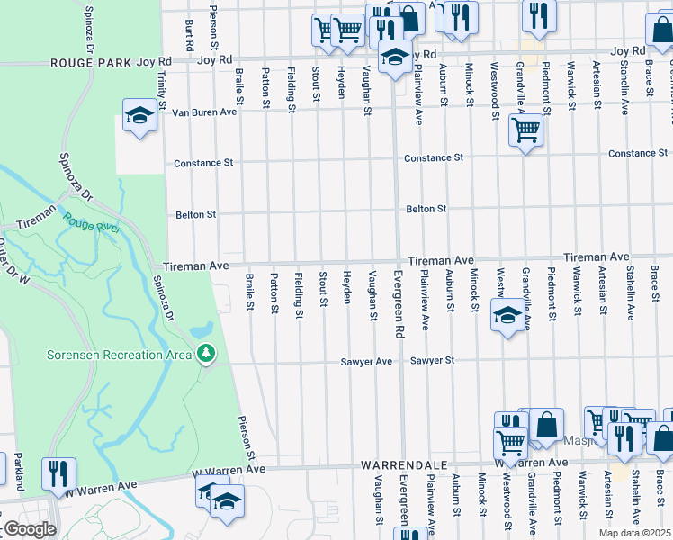 map of restaurants, bars, coffee shops, grocery stores, and more near 7794 Heyden in Detroit