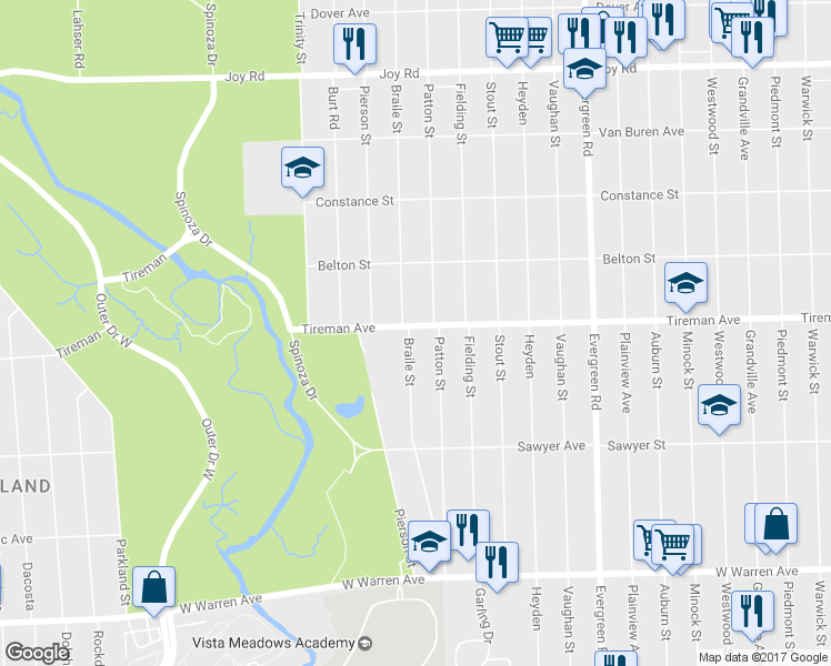 map of restaurants, bars, coffee shops, grocery stores, and more near 7800 Braile Street in Detroit