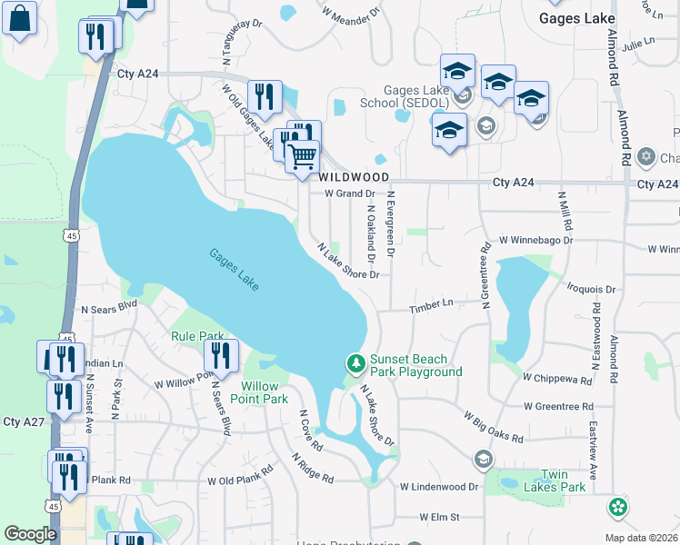 map of restaurants, bars, coffee shops, grocery stores, and more near 33500 North Lake Shore Drive in Grayslake