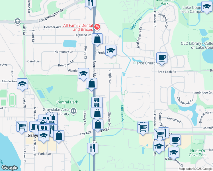 map of restaurants, bars, coffee shops, grocery stores, and more near 541 Pheasant Court in Grayslake