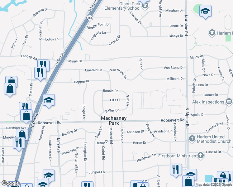 map of restaurants, bars, coffee shops, grocery stores, and more near 1260 Ed's Place in Machesney Park