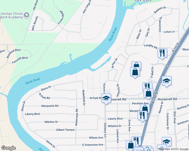 map of restaurants, bars, coffee shops, grocery stores, and more near 8620 Victory Lane in Machesney Park