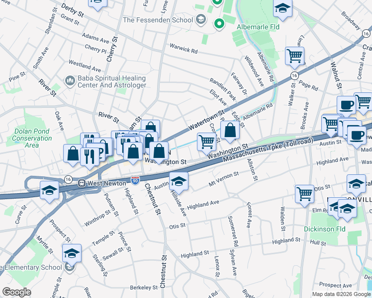 map of restaurants, bars, coffee shops, grocery stores, and more near 25 Kempton Place in Newton