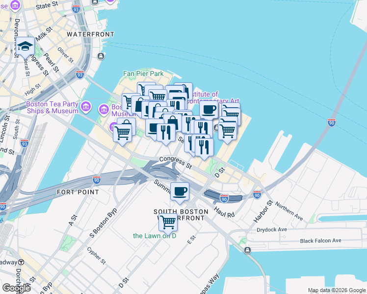 map of restaurants, bars, coffee shops, grocery stores, and more near 155 Seaport Boulevard in Boston