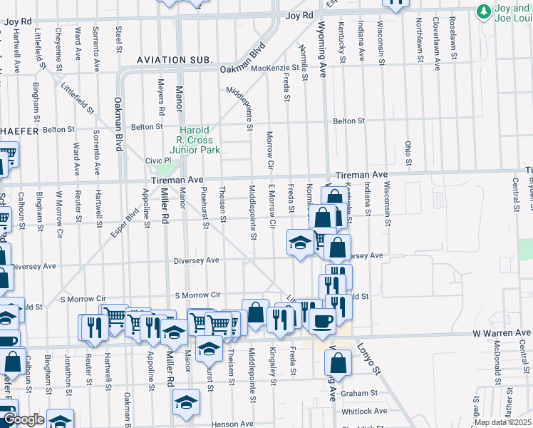 map of restaurants, bars, coffee shops, grocery stores, and more near 7738 Middlepointe Street in Dearborn