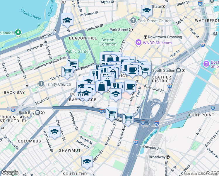 map of restaurants, bars, coffee shops, grocery stores, and more near 275 Tremont Street in Boston