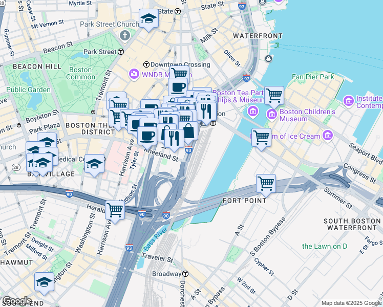map of restaurants, bars, coffee shops, grocery stores, and more near 750 Atlantic Avenue in Boston
