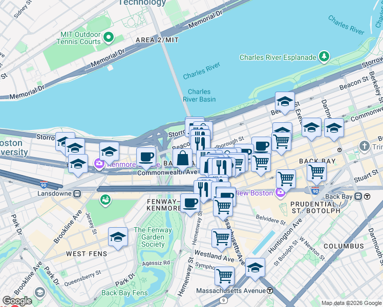 map of restaurants, bars, coffee shops, grocery stores, and more near 377 Commonwealth Avenue in Boston