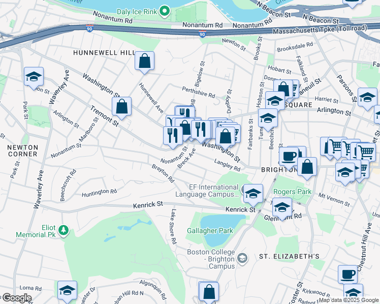 map of restaurants, bars, coffee shops, grocery stores, and more near 18 North Crescent Circuit in Boston