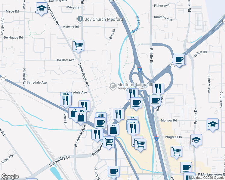 map of restaurants, bars, coffee shops, grocery stores, and more near 799 Berrydale Avenue in Medford