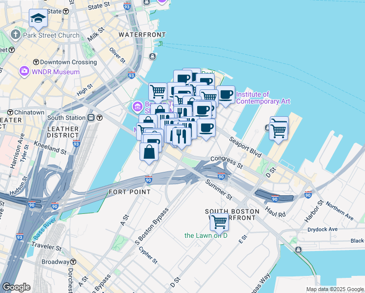 map of restaurants, bars, coffee shops, grocery stores, and more near 4 West Service Road in Boston