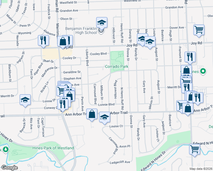 map of restaurants, bars, coffee shops, grocery stores, and more near 8245 Flamingo Street in Westland