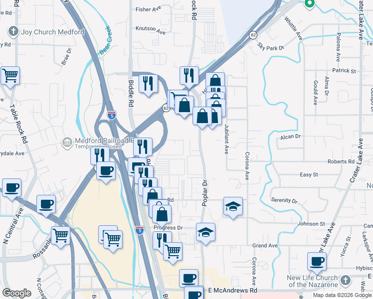 map of restaurants, bars, coffee shops, grocery stores, and more near 2153 Poplar Drive in Medford