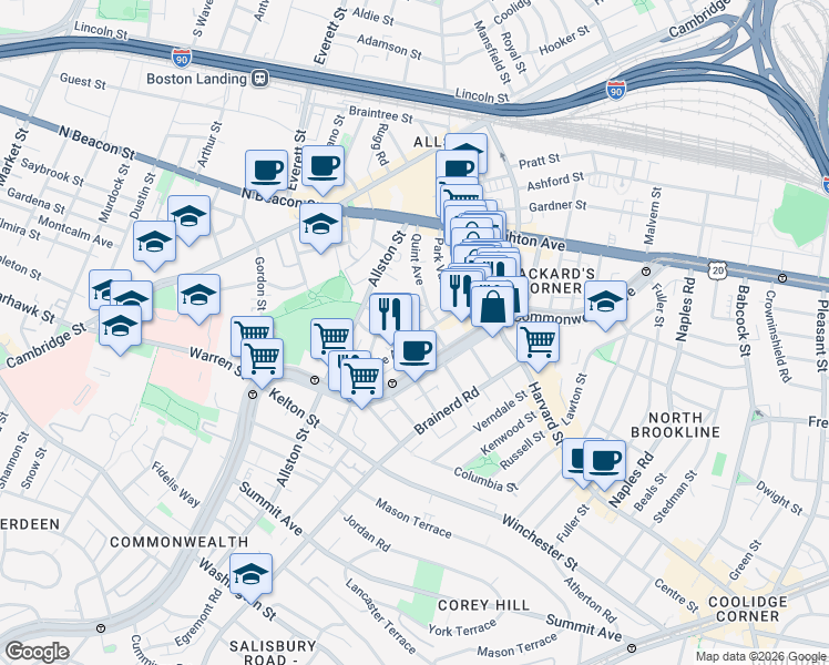 map of restaurants, bars, coffee shops, grocery stores, and more near 66 Glenville Avenue in Boston