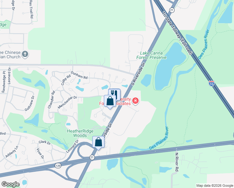 map of restaurants, bars, coffee shops, grocery stores, and more near 650 Creekside Circle in Gurnee