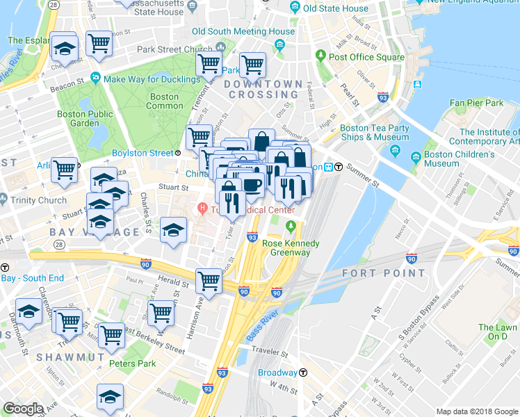 map of restaurants, bars, coffee shops, grocery stores, and more near Highway 3 in Boston