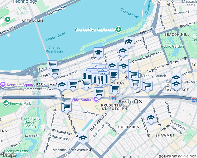 map of restaurants, bars, coffee shops, grocery stores, and more near 219 Newbury Street in Boston