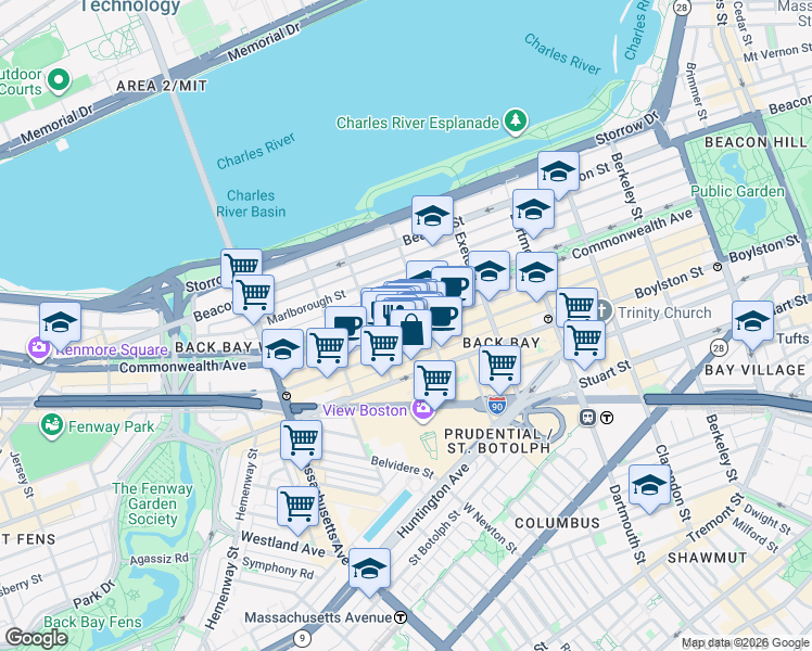 map of restaurants, bars, coffee shops, grocery stores, and more near in Boston
