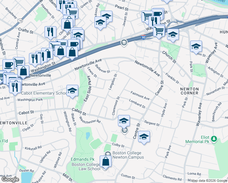 map of restaurants, bars, coffee shops, grocery stores, and more near 15 Surrey Road in Newton