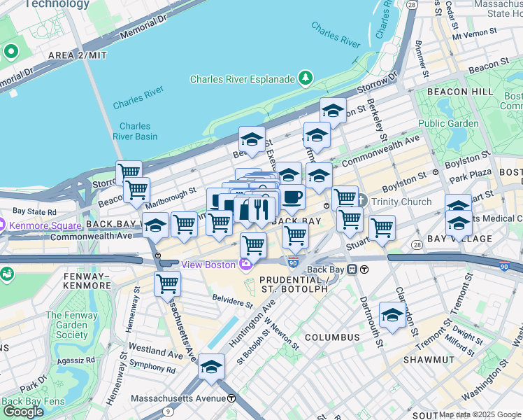 map of restaurants, bars, coffee shops, grocery stores, and more near 240 Newbury Street in Boston