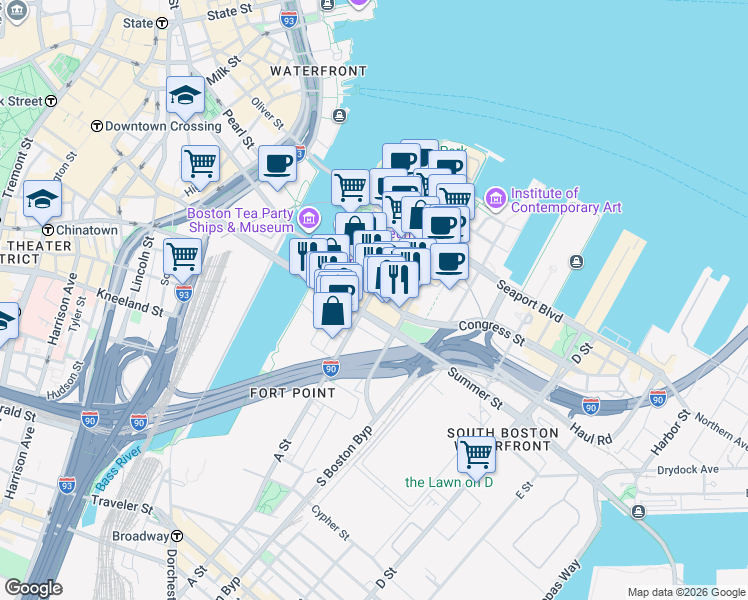 map of restaurants, bars, coffee shops, grocery stores, and more near 355 Congress Street in Boston
