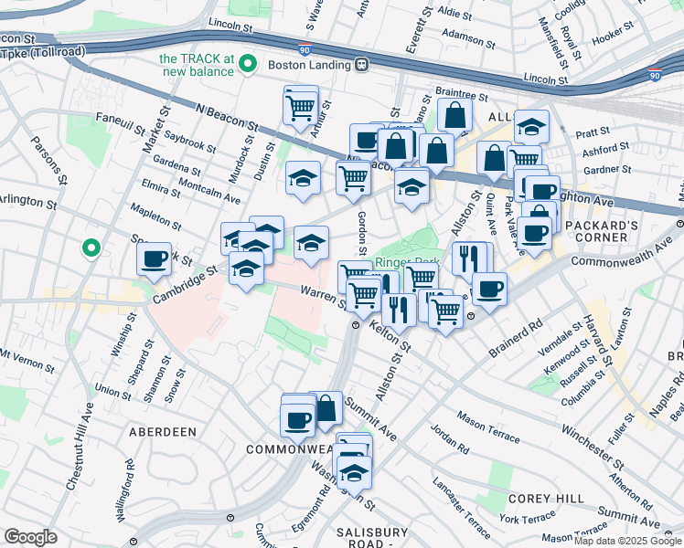 map of restaurants, bars, coffee shops, grocery stores, and more near 103 Gordon Street in Boston