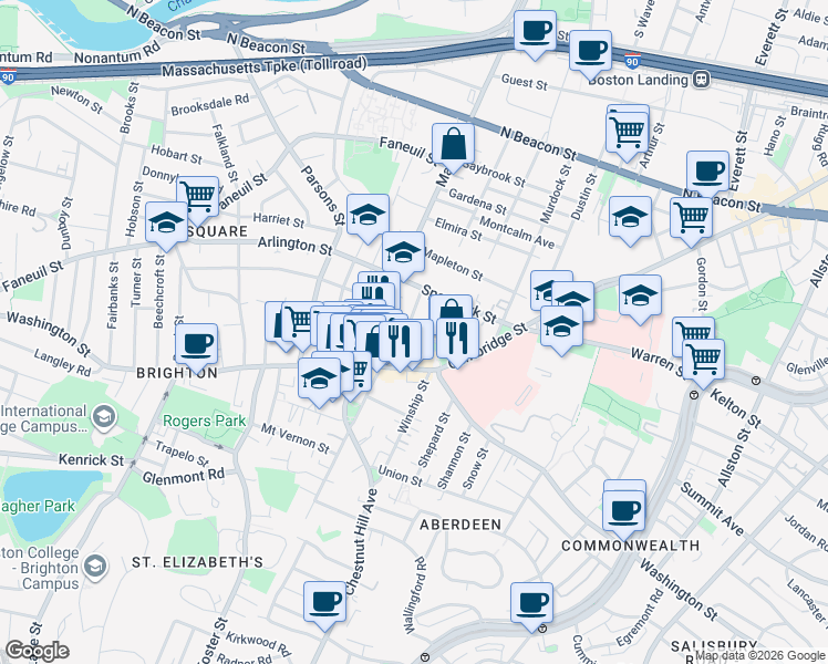 map of restaurants, bars, coffee shops, grocery stores, and more near 302 Washington Street in Boston
