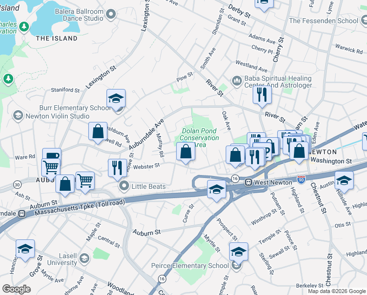 map of restaurants, bars, coffee shops, grocery stores, and more near 31 Larkin Road in Newton