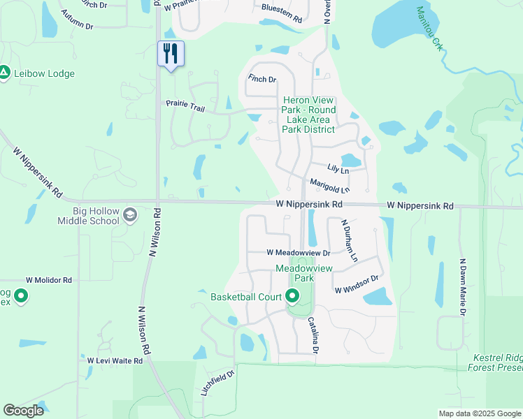 map of restaurants, bars, coffee shops, grocery stores, and more near 67 North Waterford Drive in Round Lake