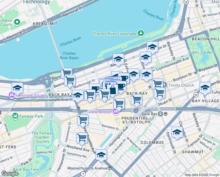 map of restaurants, bars, coffee shops, grocery stores, and more near 262 Commonwealth Avenue in Boston
