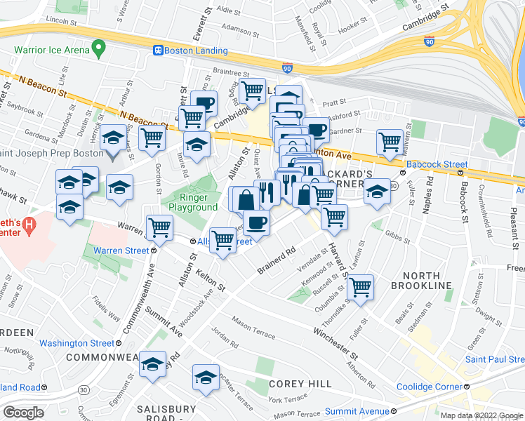 map of restaurants, bars, coffee shops, grocery stores, and more near Glenville Avenue & Greylock Road in Boston