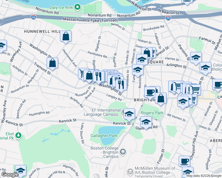 map of restaurants, bars, coffee shops, grocery stores, and more near 50 Langley Road in Boston