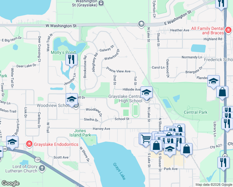 map of restaurants, bars, coffee shops, grocery stores, and more near 365 Behm Drive in Grayslake