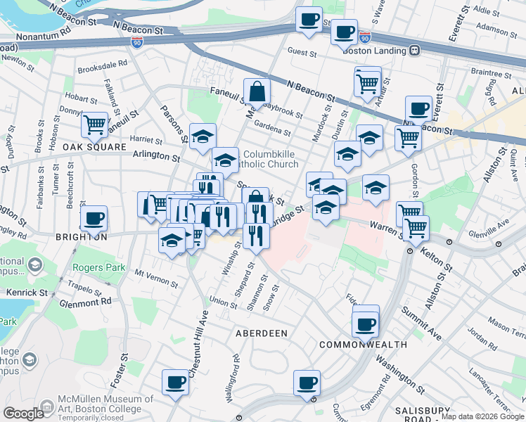map of restaurants, bars, coffee shops, grocery stores, and more near 736 Cambridge Street in Boston