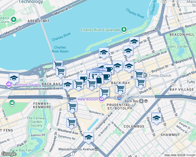 map of restaurants, bars, coffee shops, grocery stores, and more near in Boston