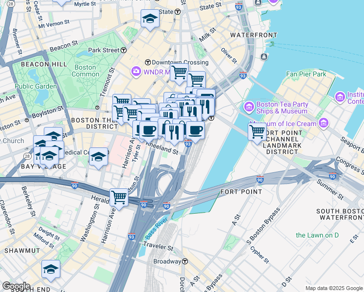 map of restaurants, bars, coffee shops, grocery stores, and more near 750 Atlantic Avenue in Boston